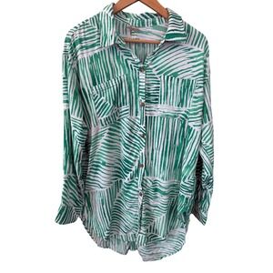 CALIA Womens Green White Print Button Down Long Sleeve Shirt swimsuit‎ coverup